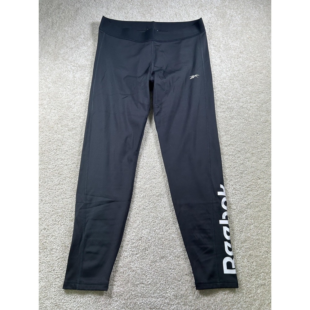Reebok Leggings Womens Large Black Athletic High Rise Stretch Logo Gym Pants